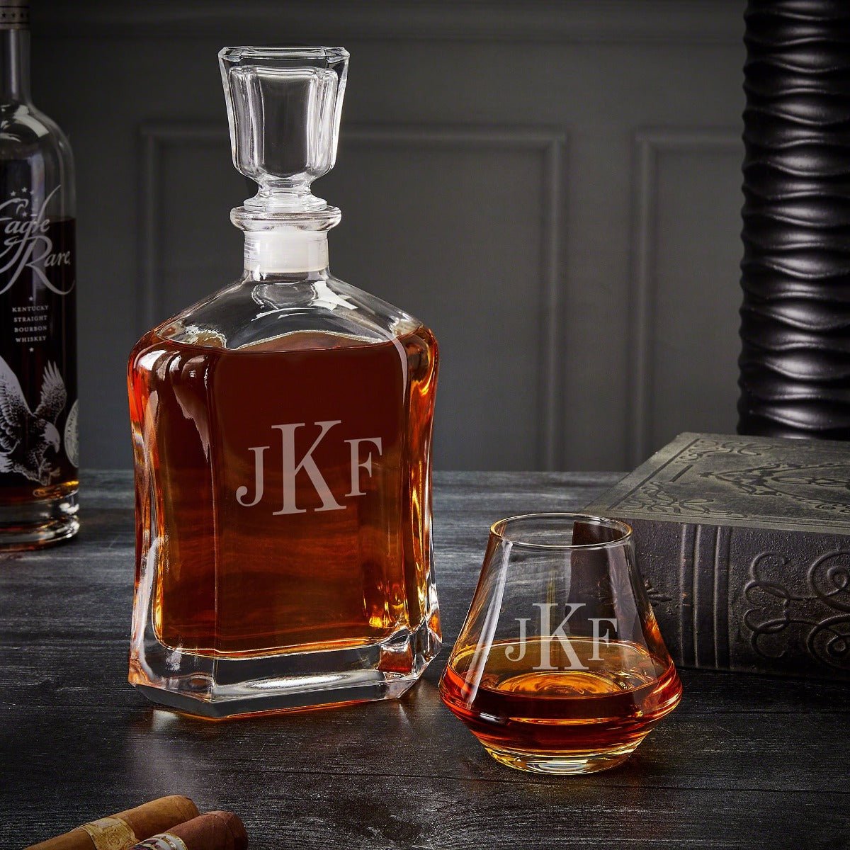 Personalized Dimera Bourbon Glasses and Decanter Set - Ebony Black Box