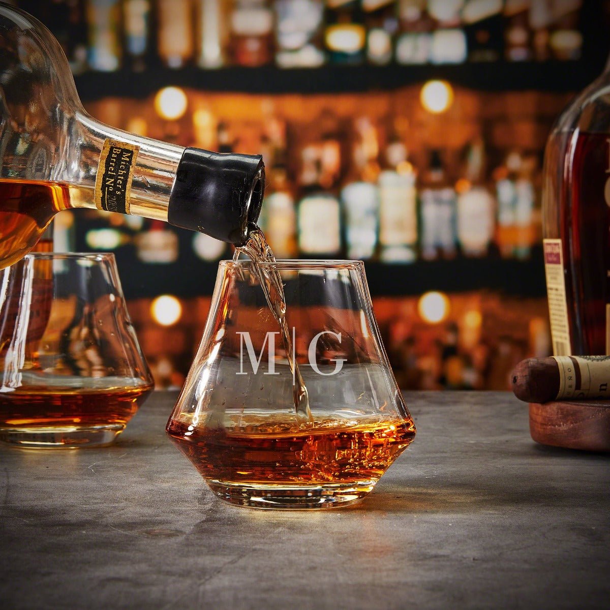 Personalized Dimera Bourbon Glasses and Decanter Set - Ebony Black Box