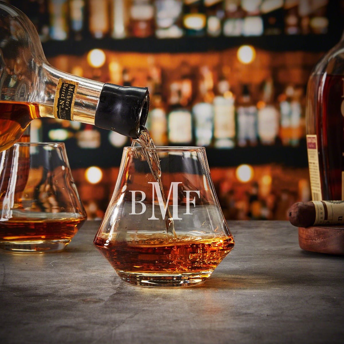 Personalized Dimera Bourbon Glasses and Decanter Set - Ebony Black Box