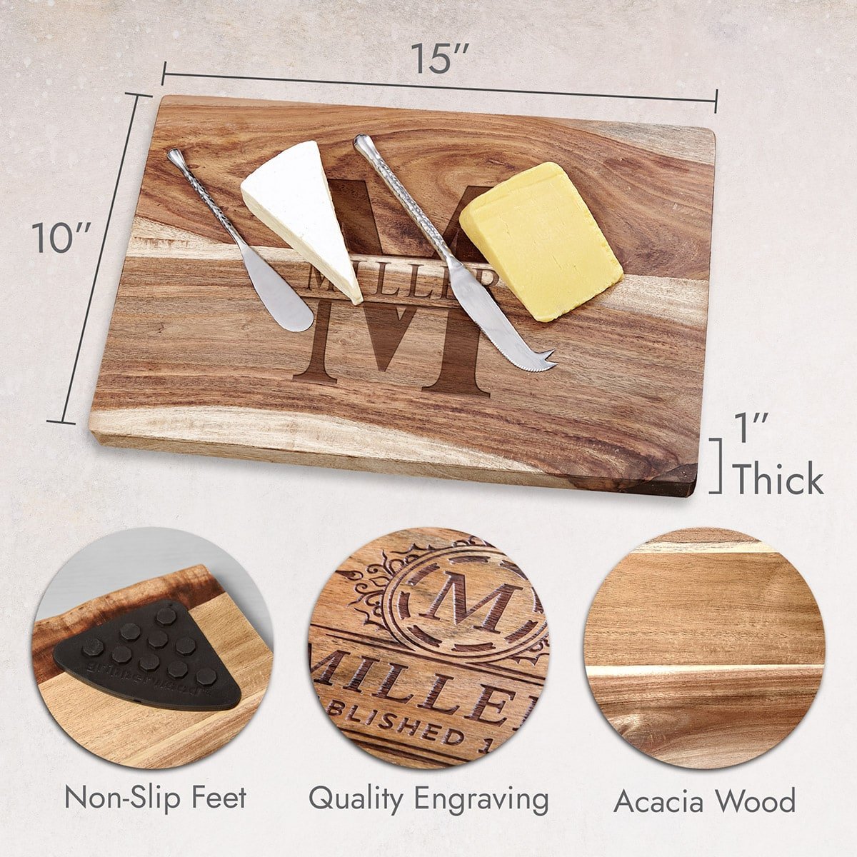 Personalized Exotic Hardwood 15x10x1 Chacuterie Cutting Board (HERITAGE - CORNER)