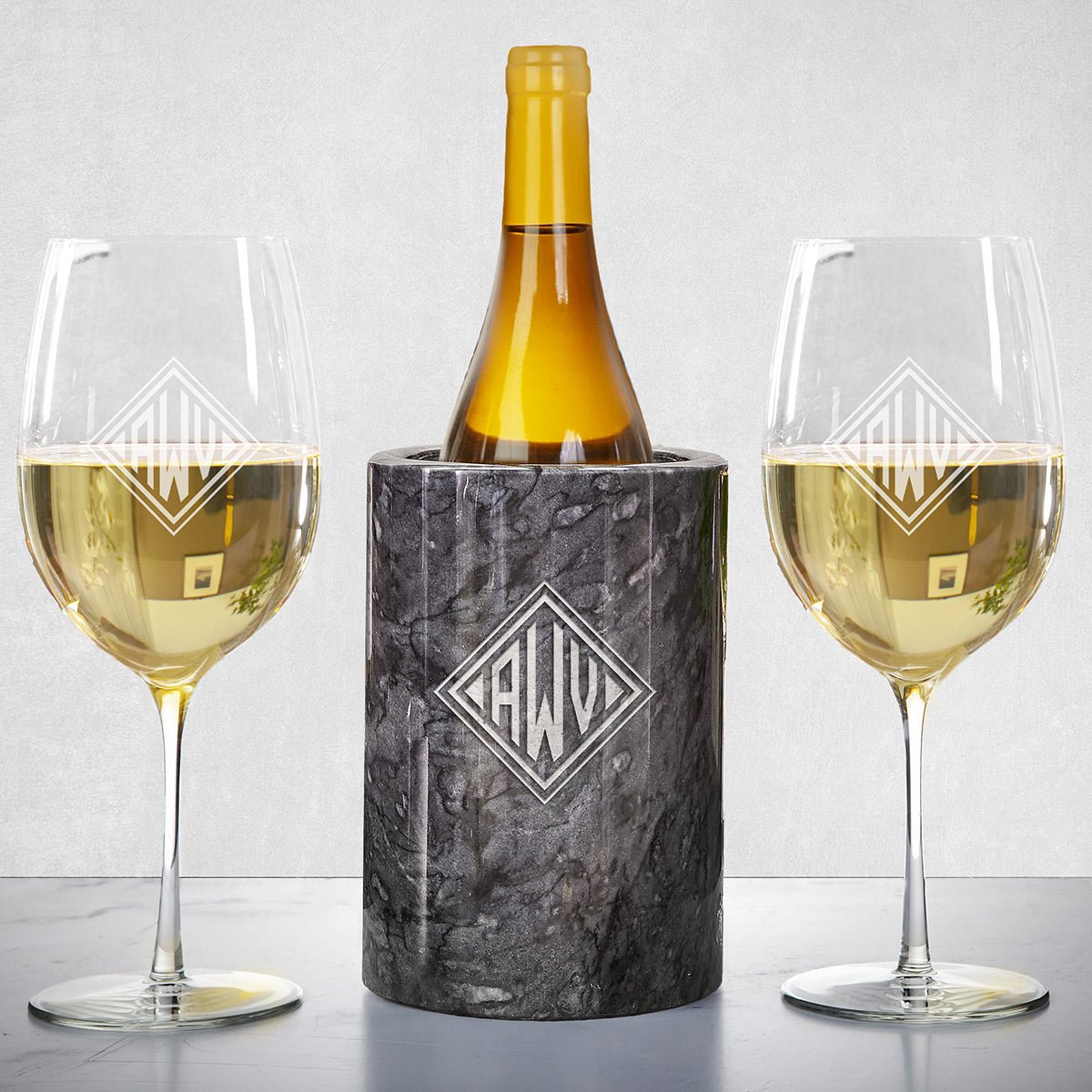 Personalized Marble Wine Chiller, Black with Custom Wine Glasses
