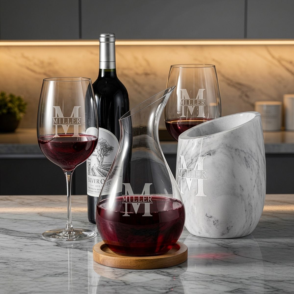 custom engraved reed marble wine chiller with reims decanter and two riedel wine glasses