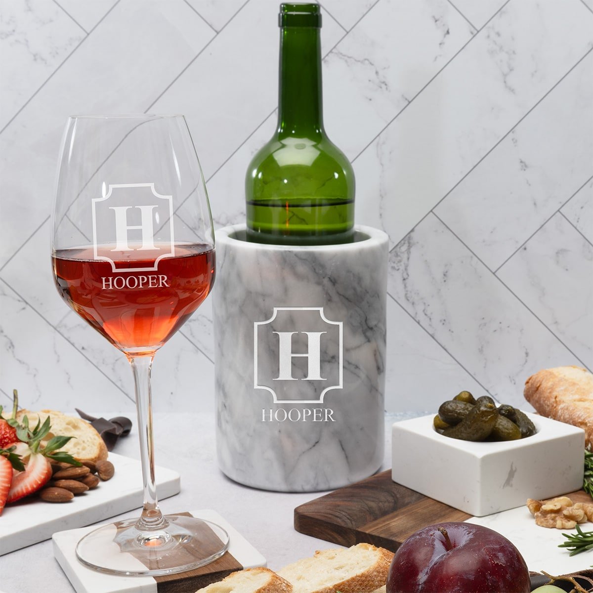 Personalized Marble Wine Chiller, White with Custom Wine Glasses