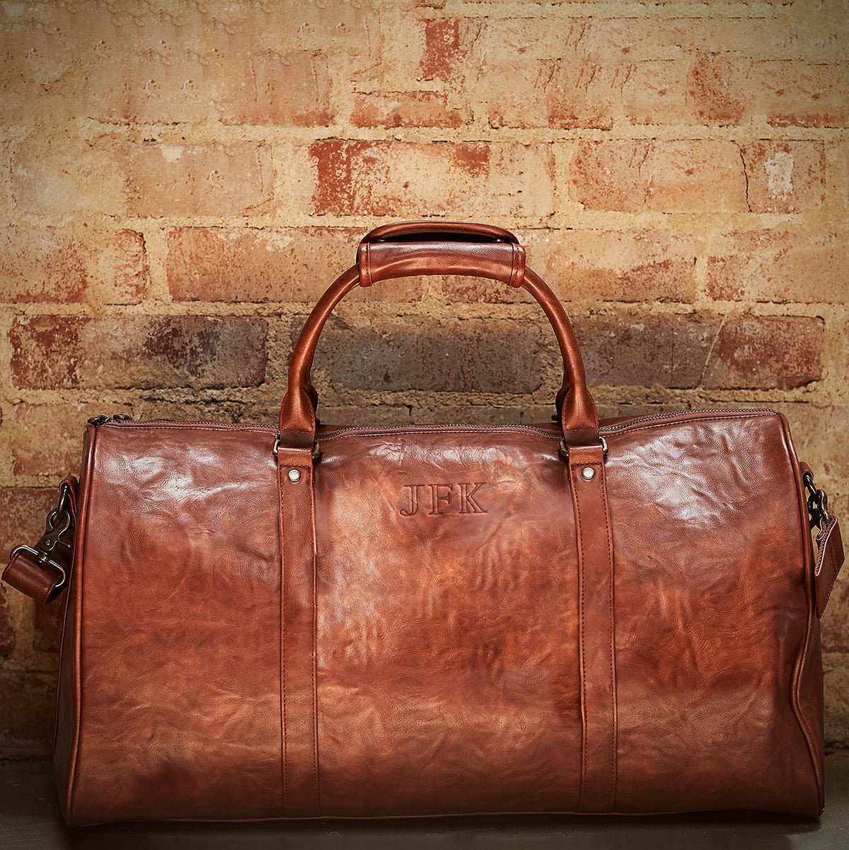 Personalized Theodore Mens Duffle Bag, Large Weekend Bag with Suitcase Strap Brown