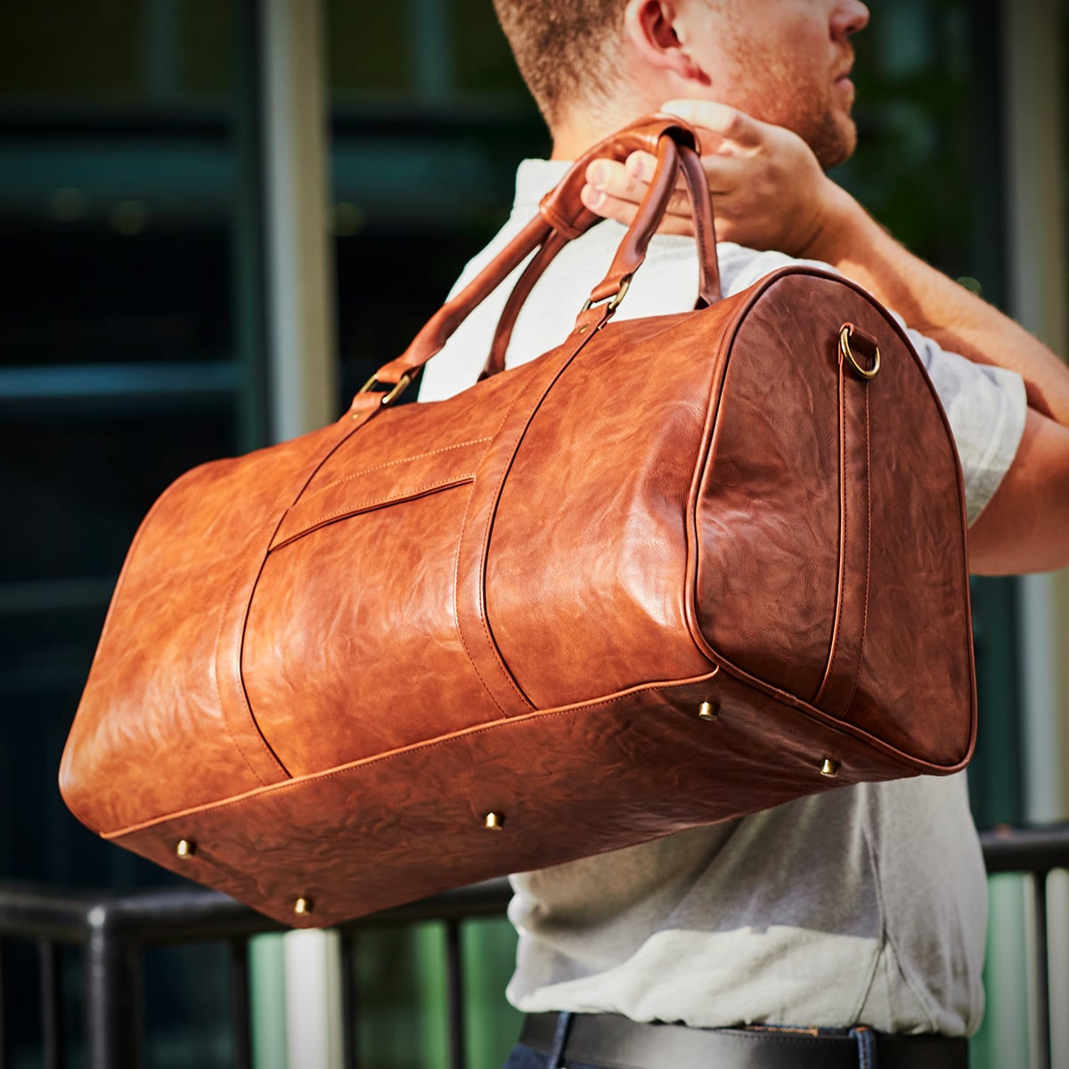 Personalized Theodore Mens Duffle Bag, Large Weekend Bag with Suitcase Strap Brown