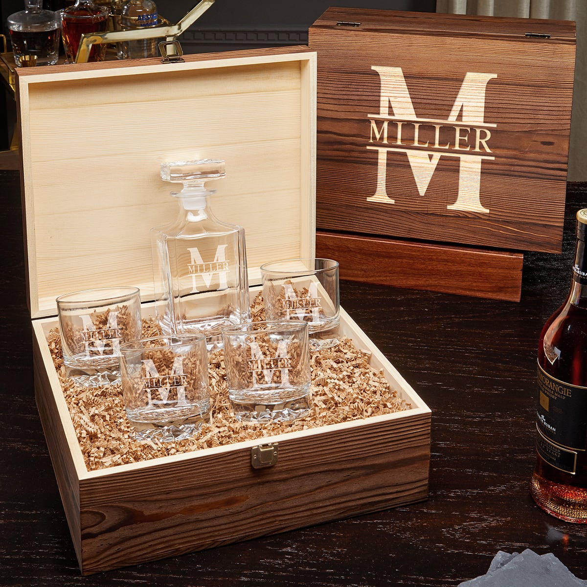 Personalized Whiskey Decanter Set with Glacier Bottom Glasses Boxed Set