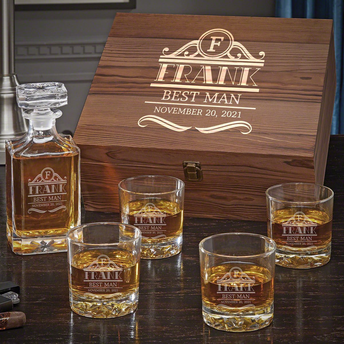 Personalized Whiskey Decanter Set with Glacier Bottom Glasses Boxed Se