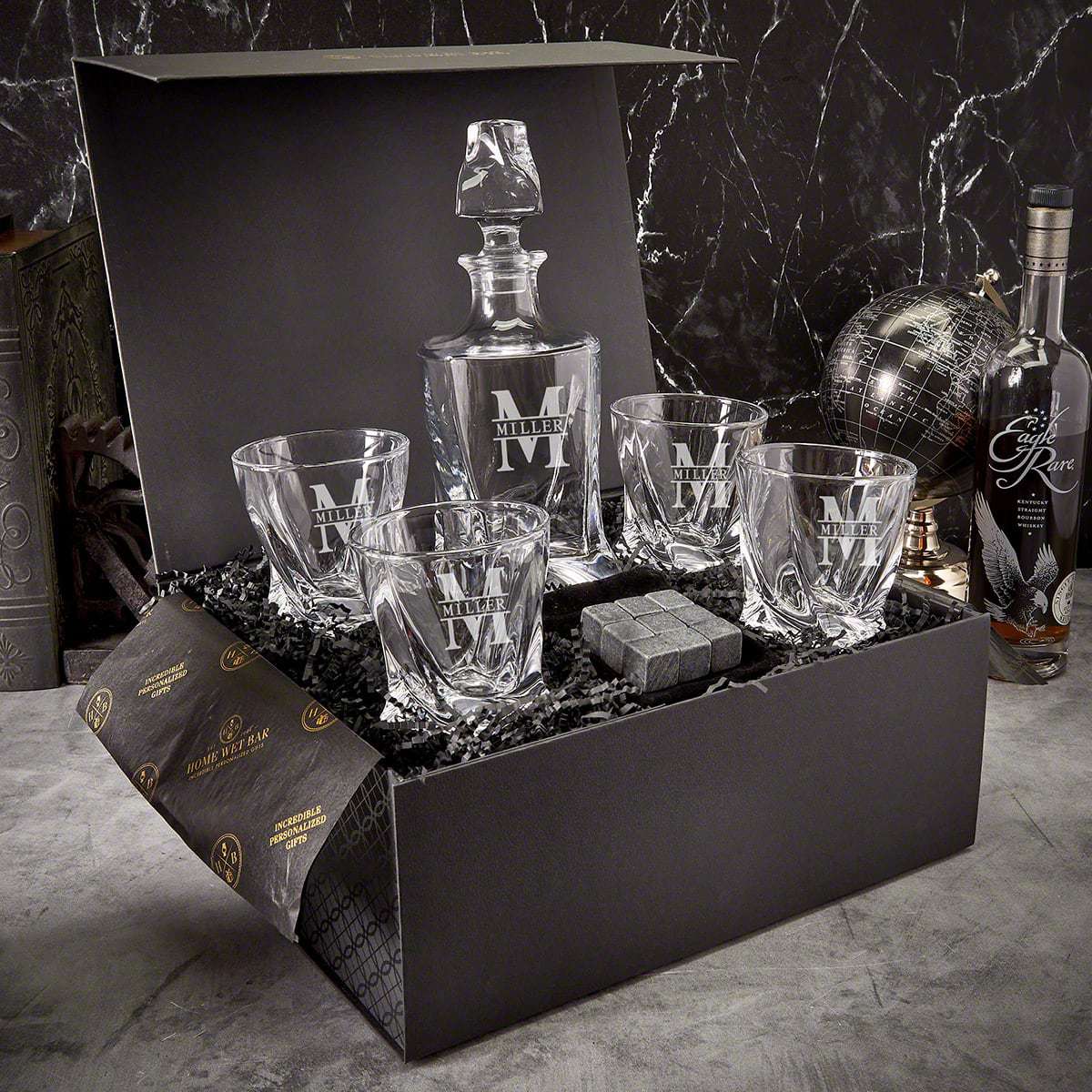 Personalized Whiskey Decanter with Rocks Glasses & Luxury Box Set - 7pc
