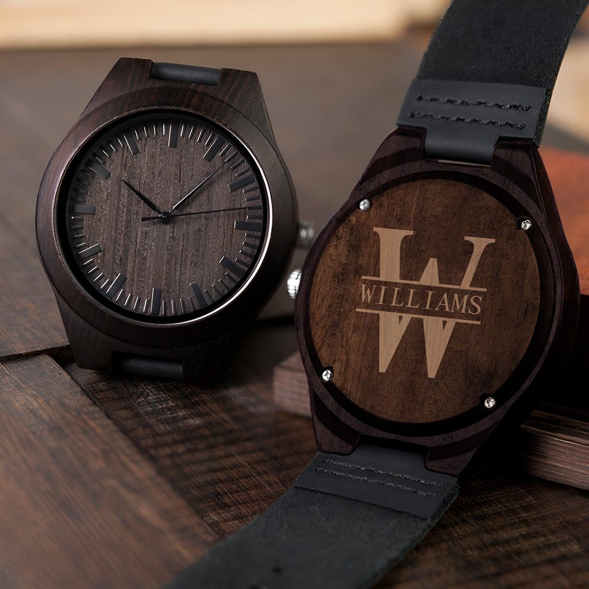 Personalized Wooden Watch with black Leather Band