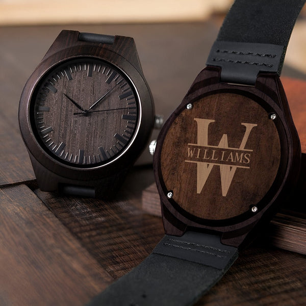 Personalized Wooden Watch with black Leather Band