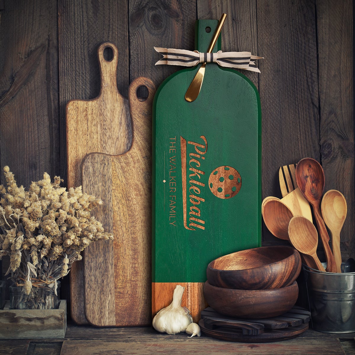 Pickleball Paddle Engraved Charcuterie Board with Spreader Knife