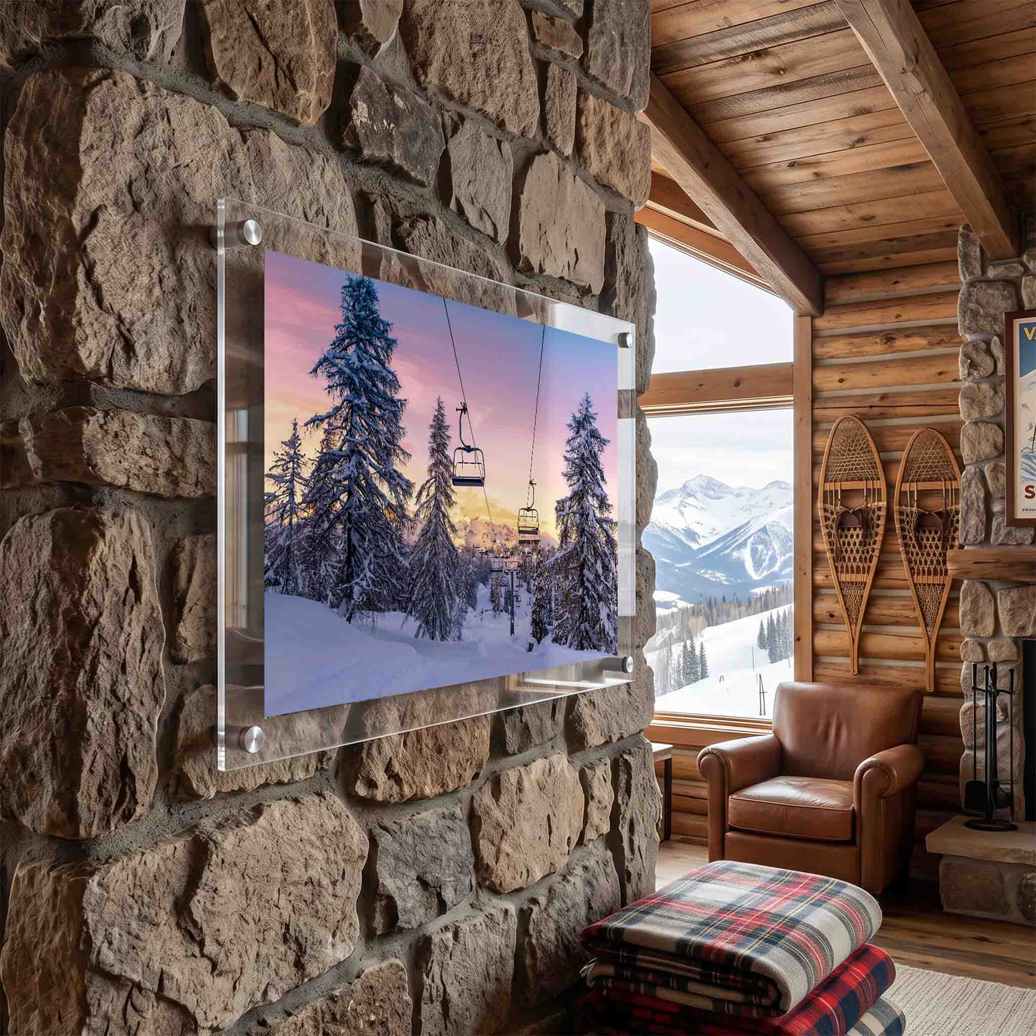 Acrylic wall art featuring chairlifts over a snowy mountain forest displayed in a cabin