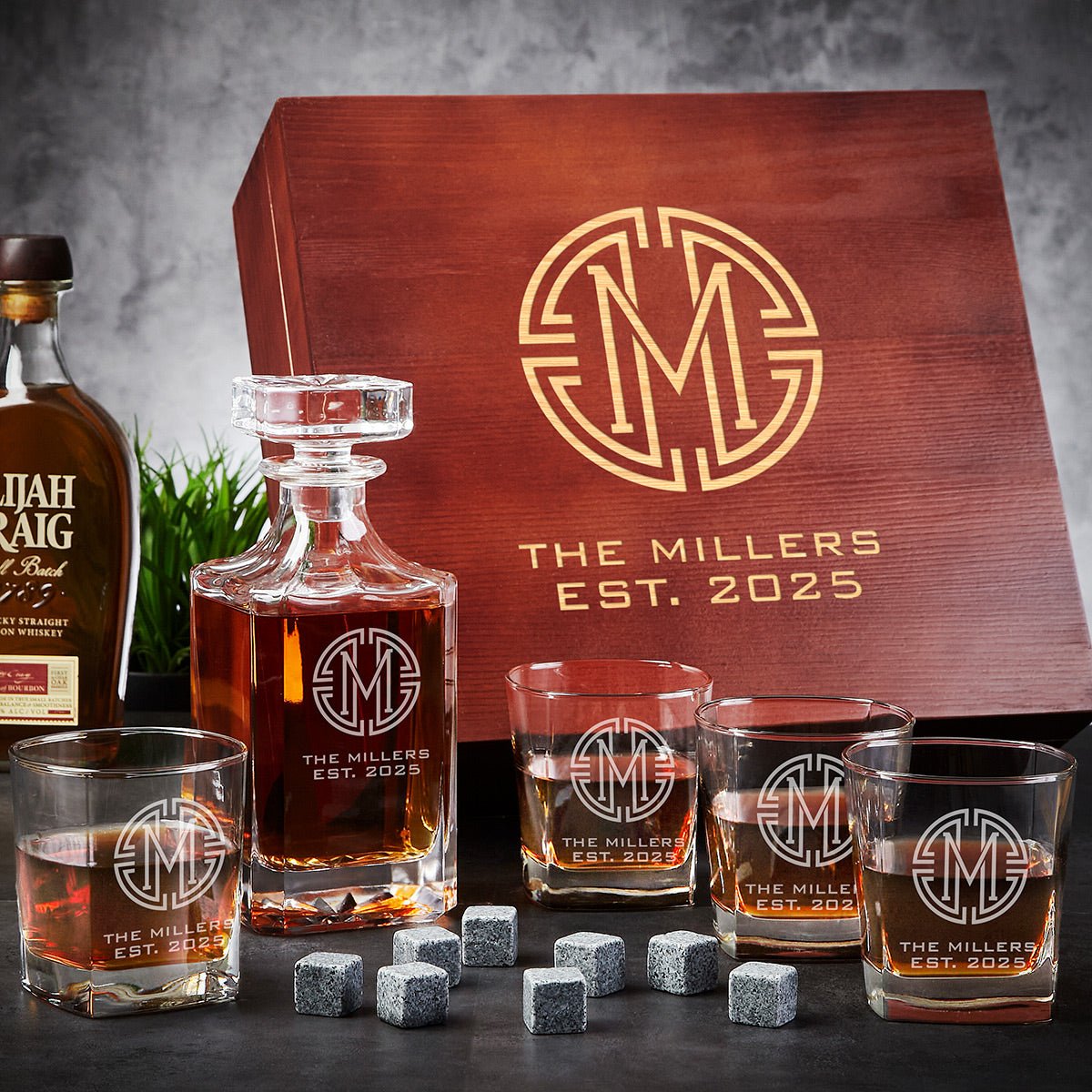 Prescott Custom Whiskey Decanter Set with Handcrafted Box - 7pc Whiskey Gift Set