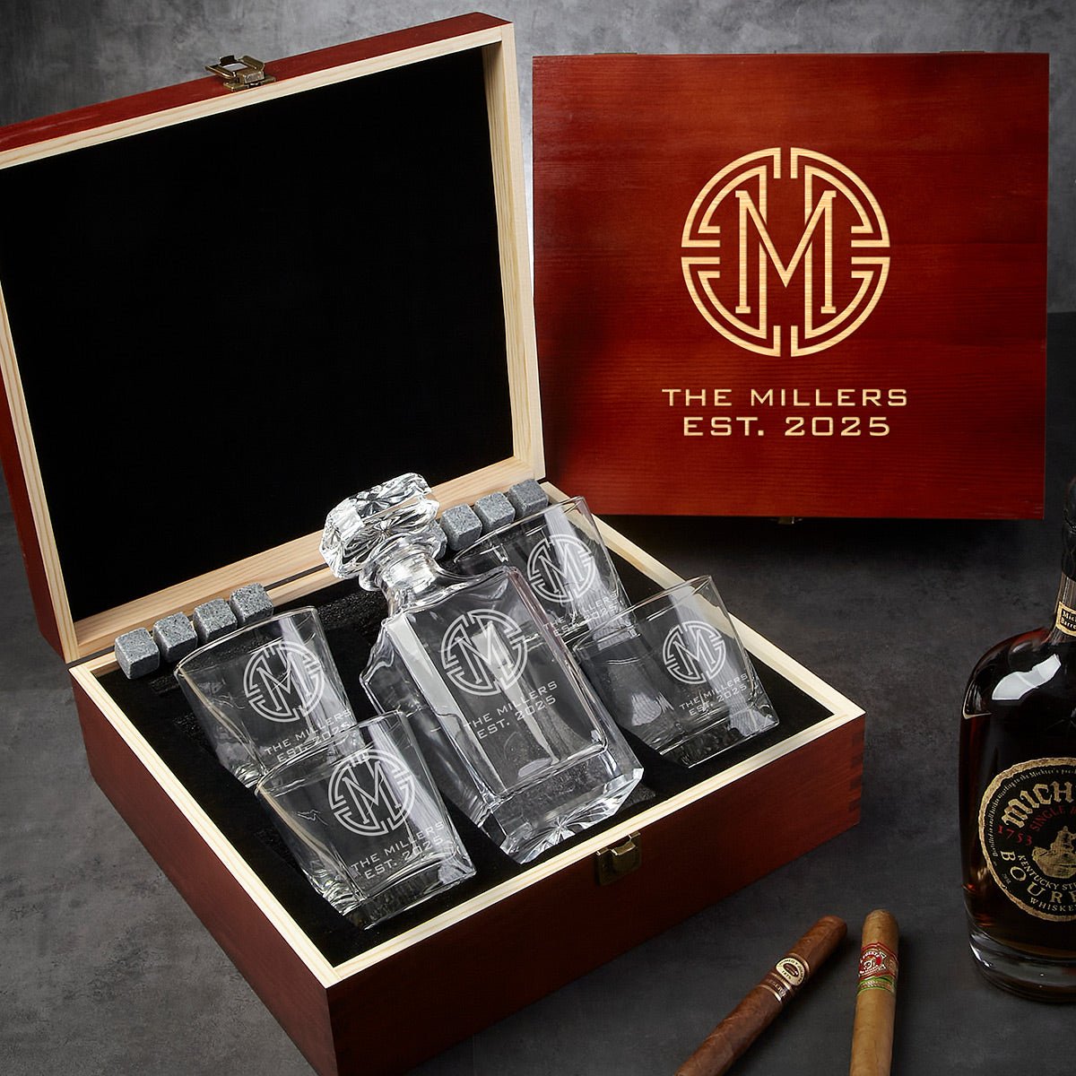 Prescott Custom Whiskey Decanter Set with Handcrafted Box - 7pc Whiskey Gift Set