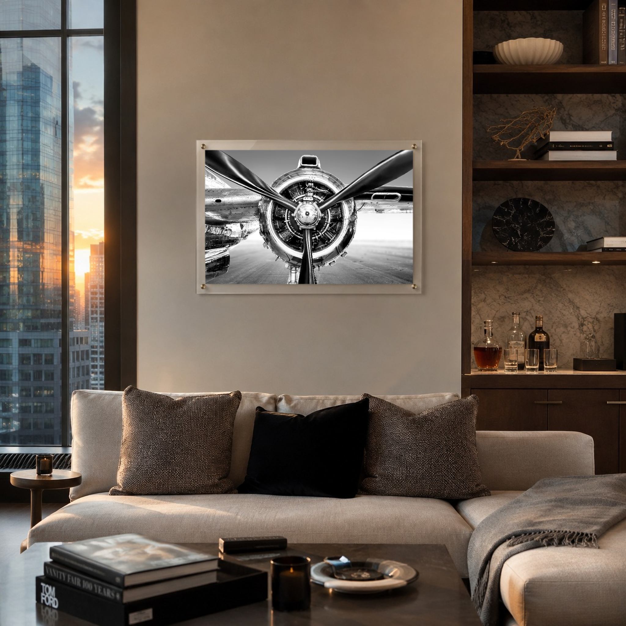 Prop Culture wall art hung above a sofa inside a high rise apartment