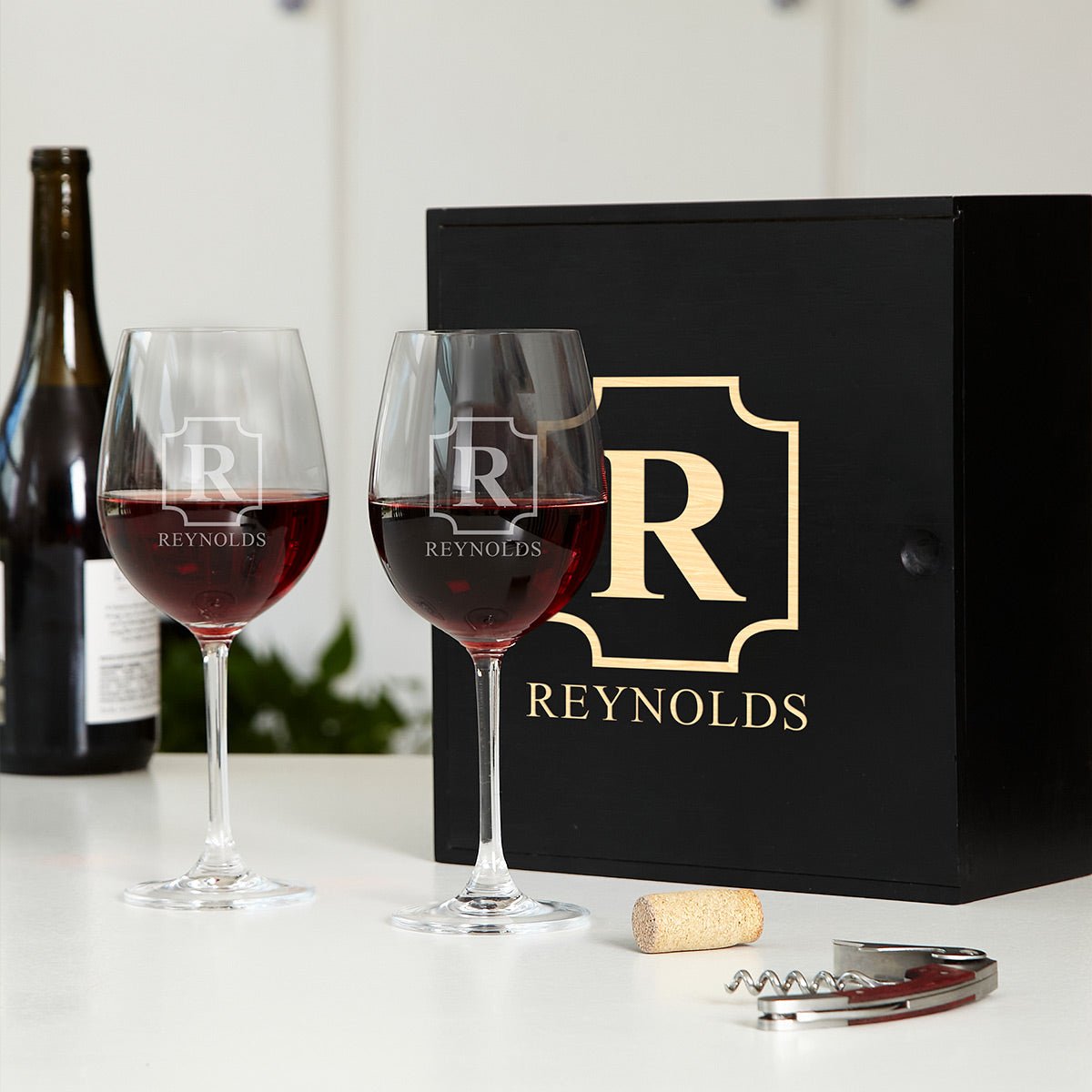 Pomerol Wine Gift Set with Personalized Wine Glasses and Wooden Box