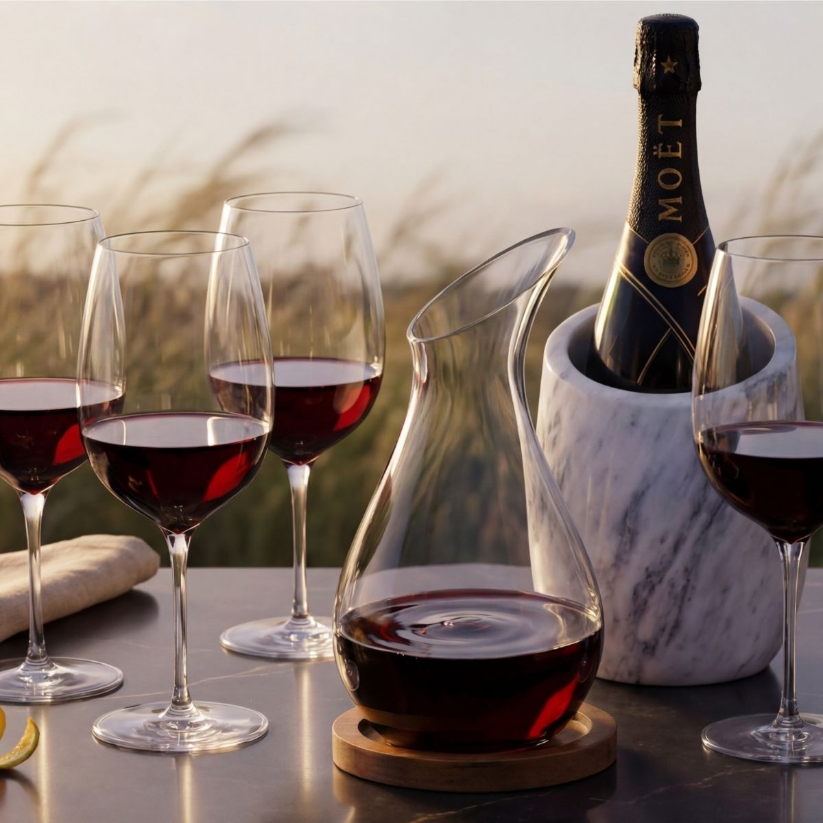reed slanted marble wine & champagne chiller with reims decanter and four riedel wine glasses