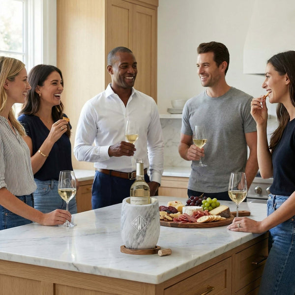 group of people using the marble wine chiller and glasses