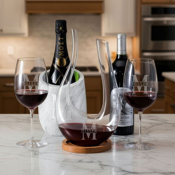 custom engraved marble wine chiller with dolcetto decanter and two wine glasses