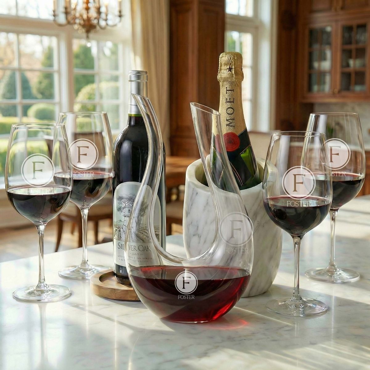 custom engraved marble wine chiller with dolcetto decanter and four wine glasses