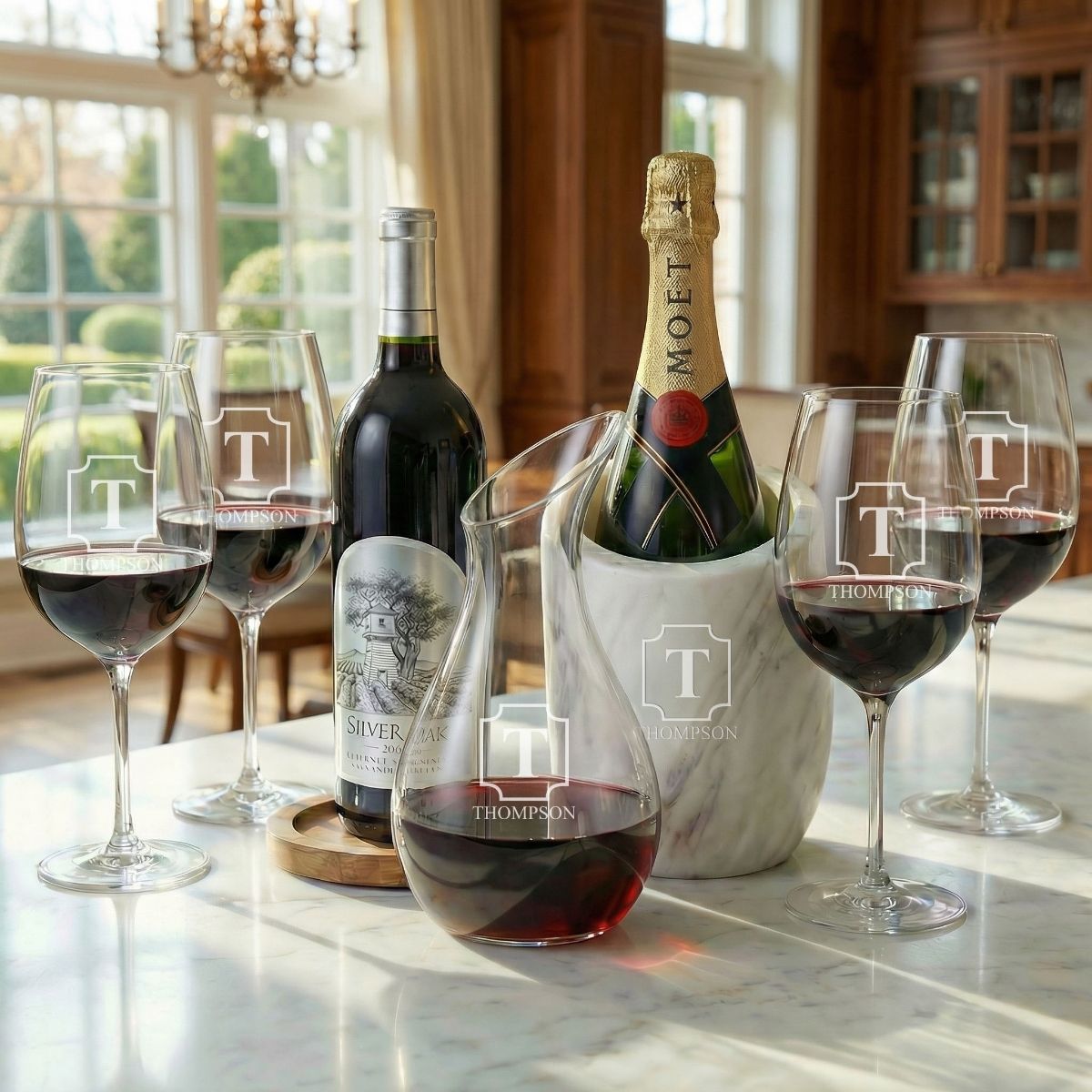 custom engraved reed slanted marble wine & champagne chiller with reims decanter and four riedel wine glasses