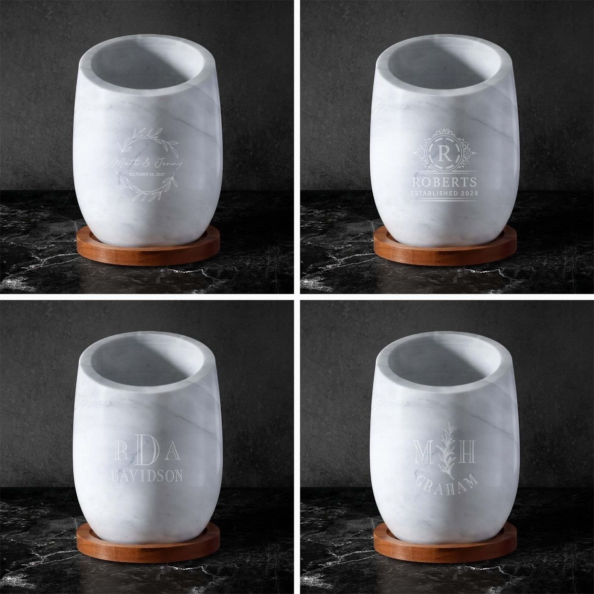 marble wine chillers with different custom engraved monogram
