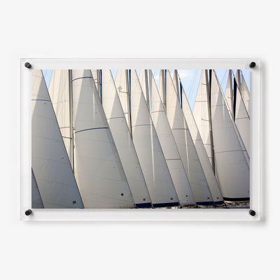 Acrylic wall art featuring a dense row of white sailboat sails gathered at a marina