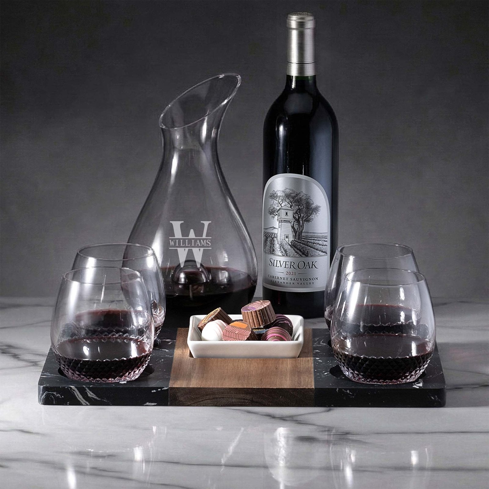 Reims Wine Gift Set - Winslow Marble Serving Tray, Wine Decanter & Avignon Glasses Wine Lover Gift