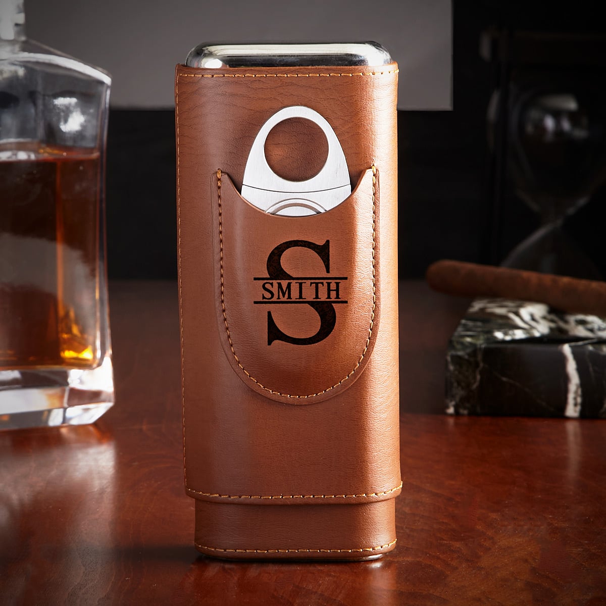 Richmond Custom Leather Cigar Travel Case - Cedar Lined Travel Cigar Holder Brown