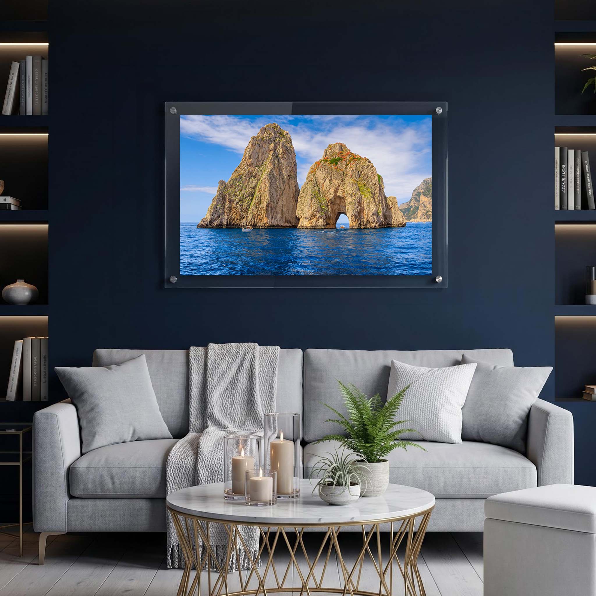 Capri wall art showing towering limestone cliffs displayed in an elegant living room