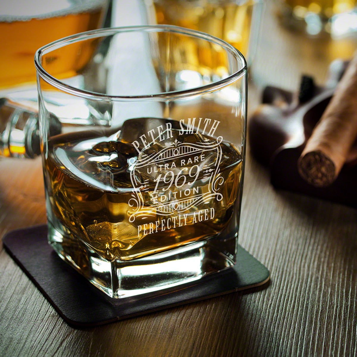 Custom Bourbon Decanter Set with 4 Square Glasses - Crafted Ebony Box