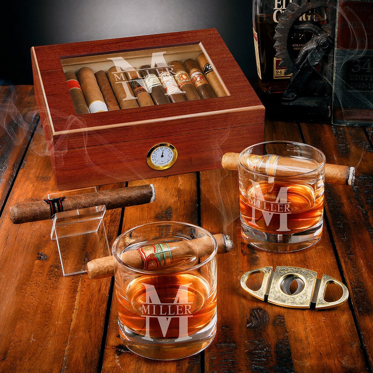 Santiago Cigar Humidor Gift Set with Oxley Cigar Glasses