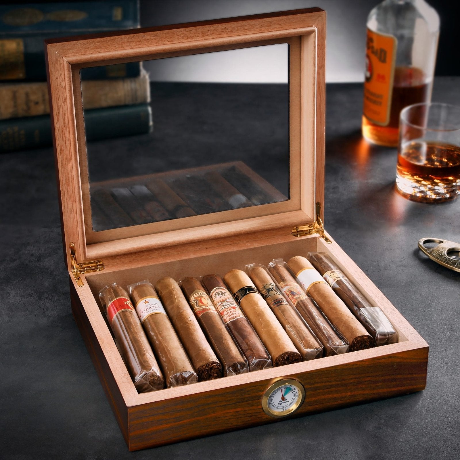 Santiago Cigar Humidor with Custom Cigar Glasses and Accessories