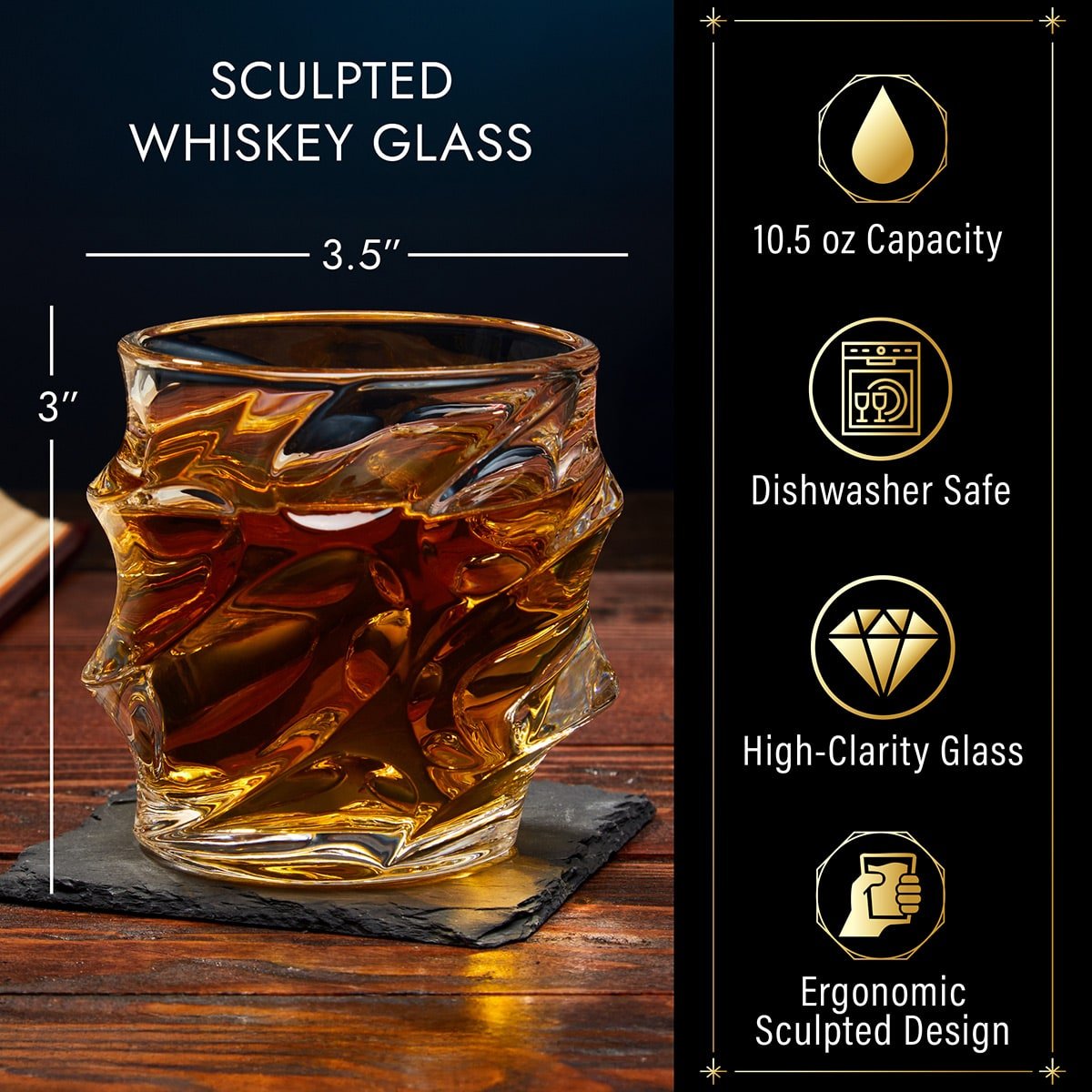 sculpted whiskey glass details and measurements