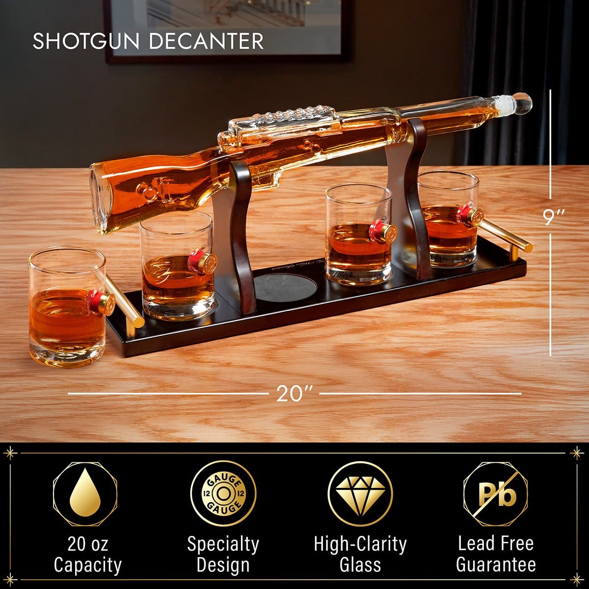Shotgun Whiskey Decanter Set with 4 Shotgun Glasses