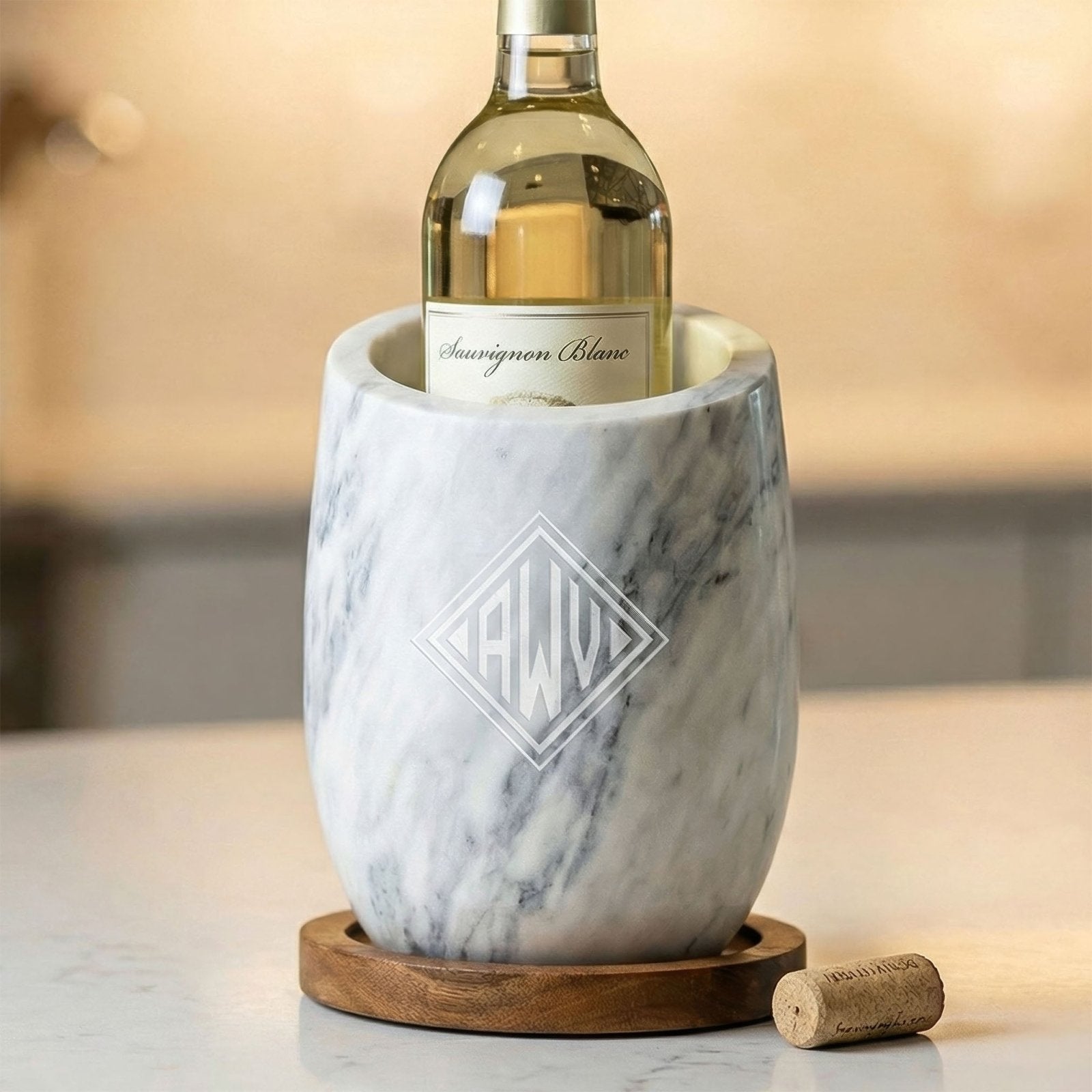 custom engraved marble champagne & wine chiller with white wine bottle
