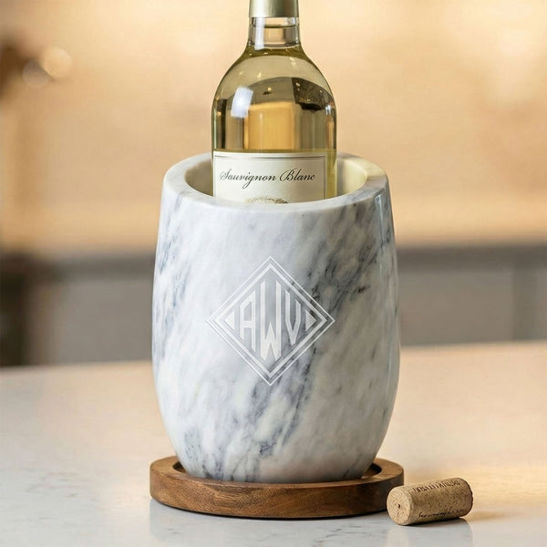 custom engraved marble champagne & wine chiller with white wine bottle