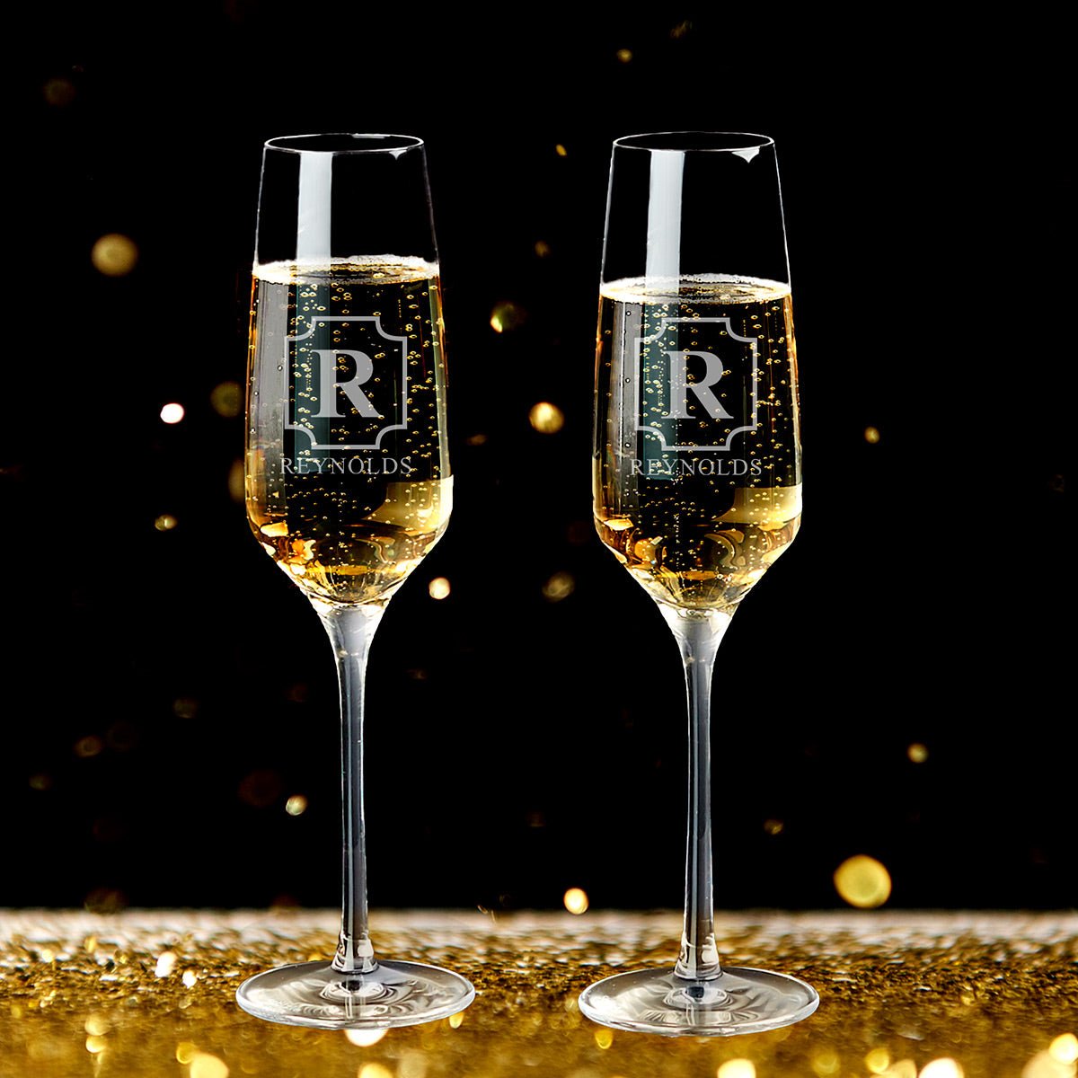 Stolzle Personalized Champagne Flutes with White Marble Champagne Bottle Chiller, Manhattan Design