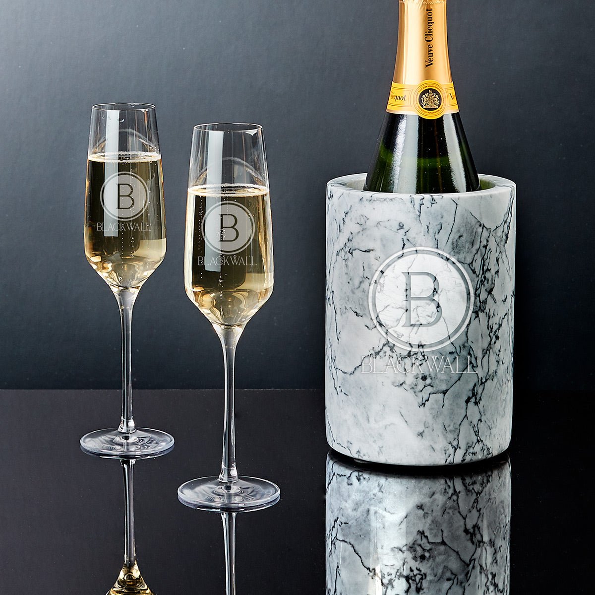 Stolzle Personalized Champagne Flutes with White Marble Champagne Bottle Chiller, Manhattan Design