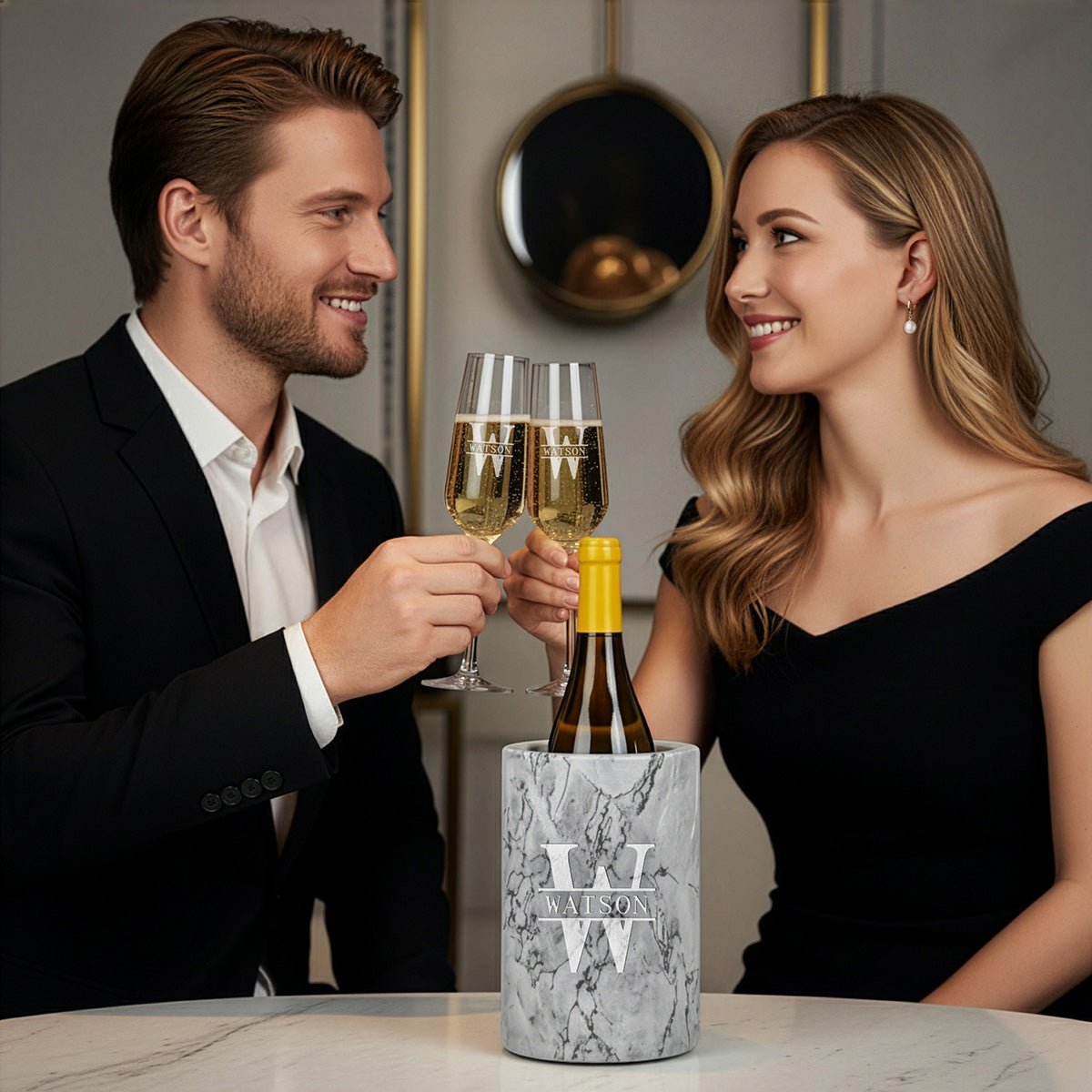 Stolzle Personalized Champagne Flutes with White Marble Champagne Bottle Chiller, Manhattan Design