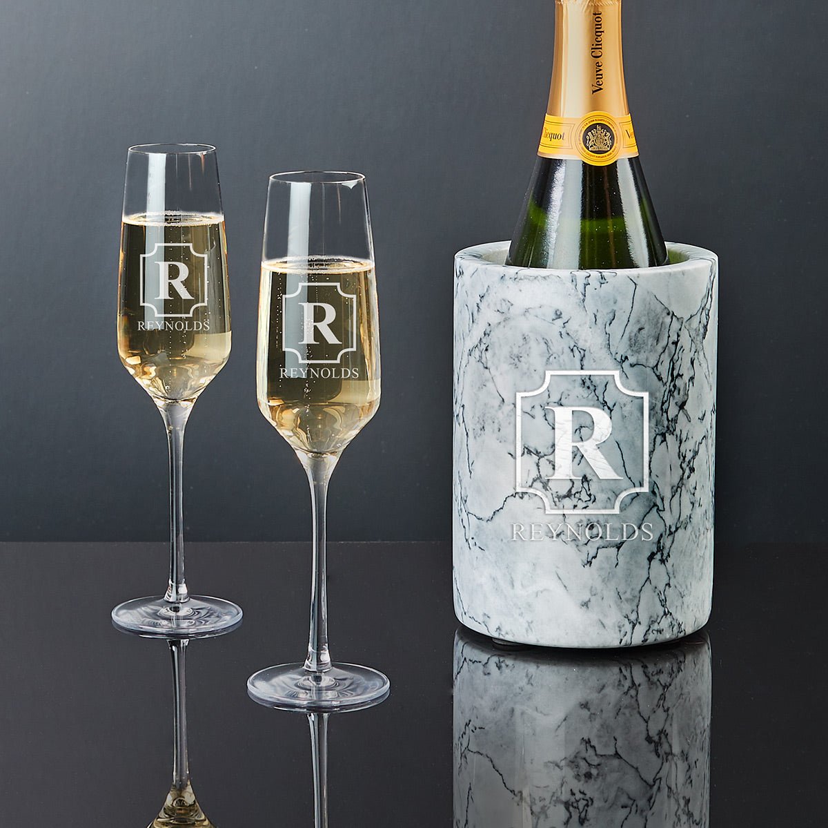 Stolzle Personalized Champagne Flutes with White Marble Champagne Bottle Chiller, Manhattan Design