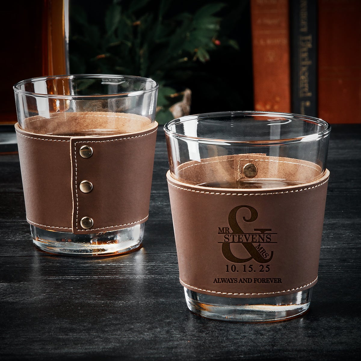 Stratford Whiskey Glasses with Custom Leather Wrap, Set of 2