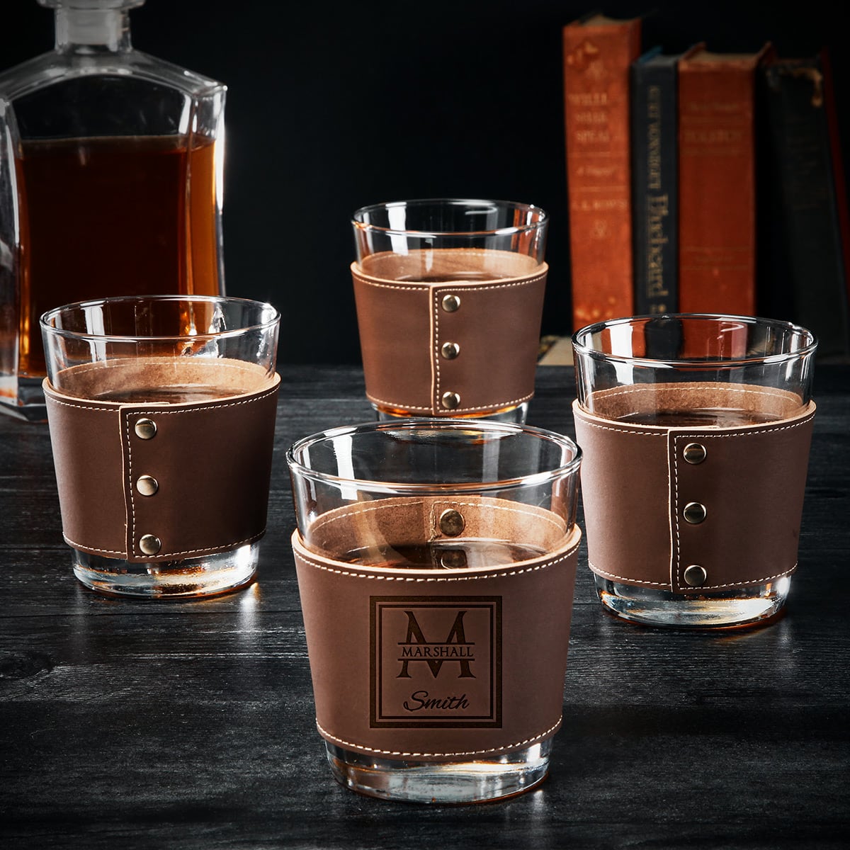 Stratford Whiskey Glasses with Custom Leather Wrap, Set of 4