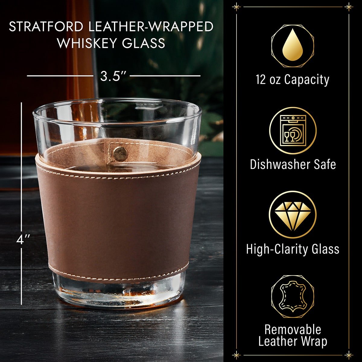 Stratford Whiskey Glasses with Custom Leather Wrap, Set of 4