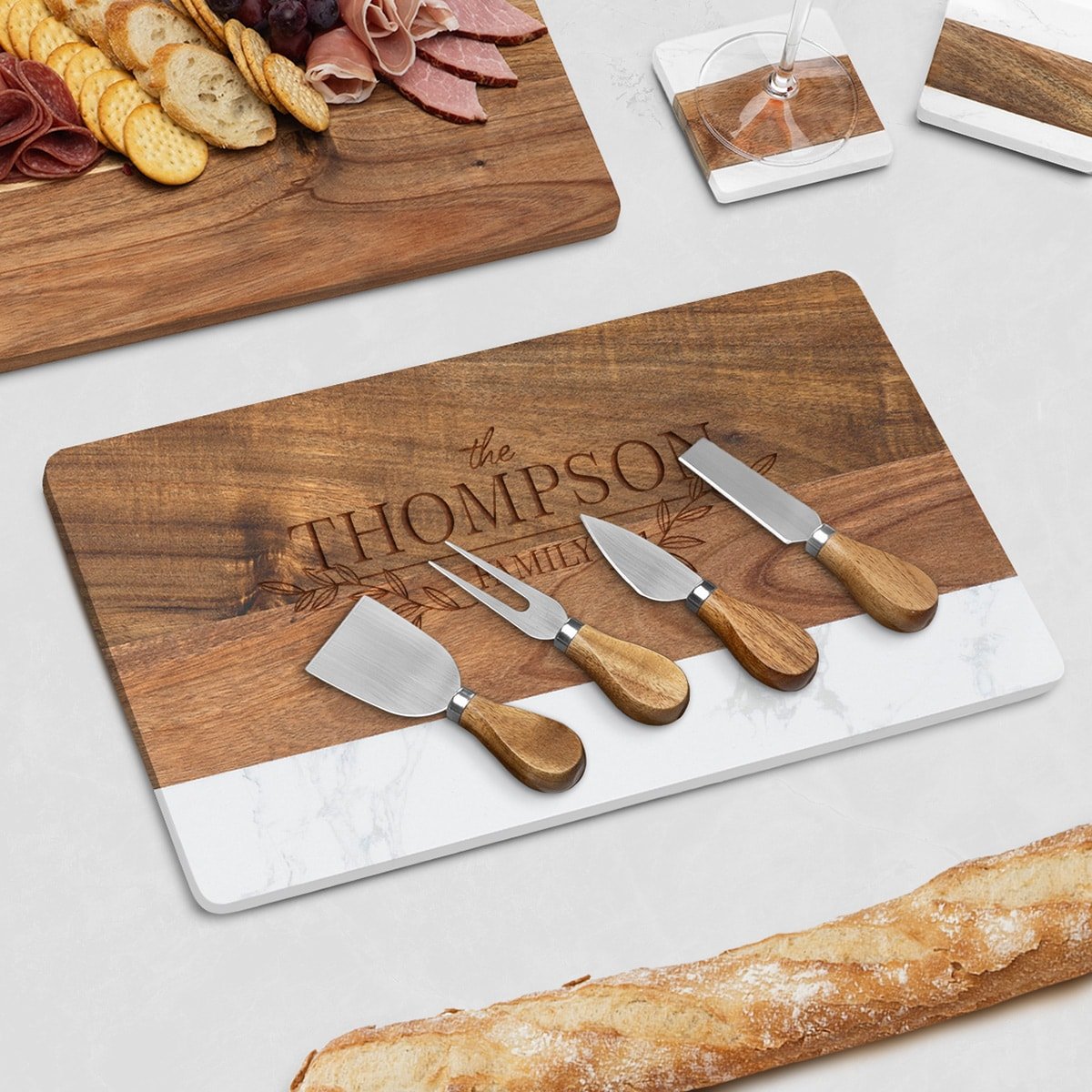 Trieste Engraved Charcuterie Board Set with Cheese Knife Set