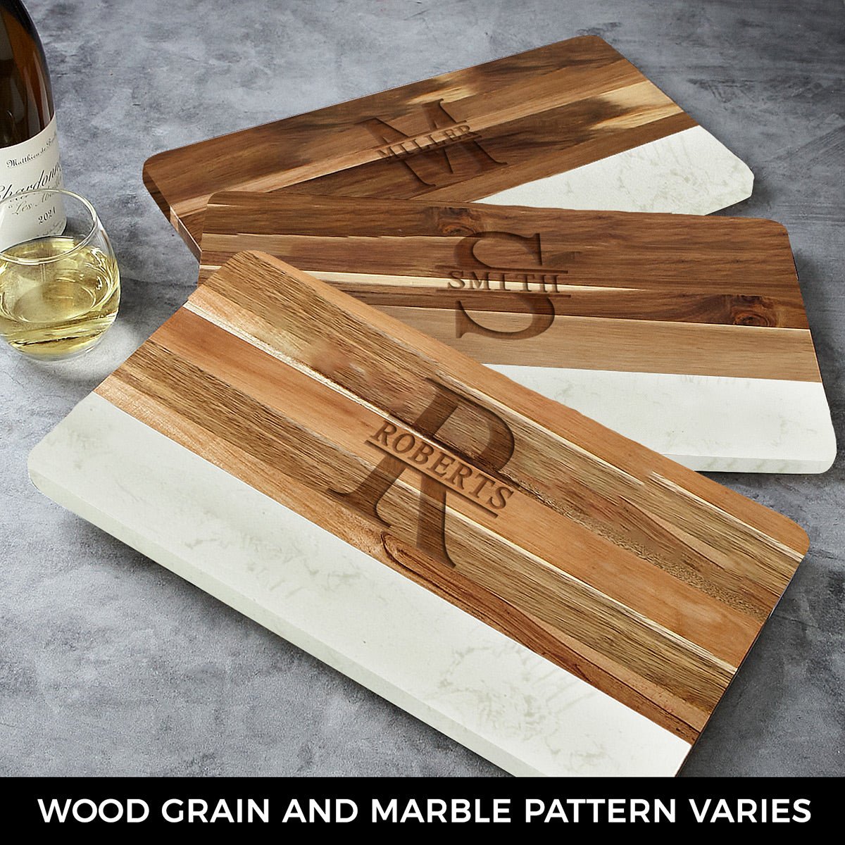 Trieste Personalized Marble Cutting Board - White Marble and Acacia Wood Cheese Board 16 x 9 x 1 inch