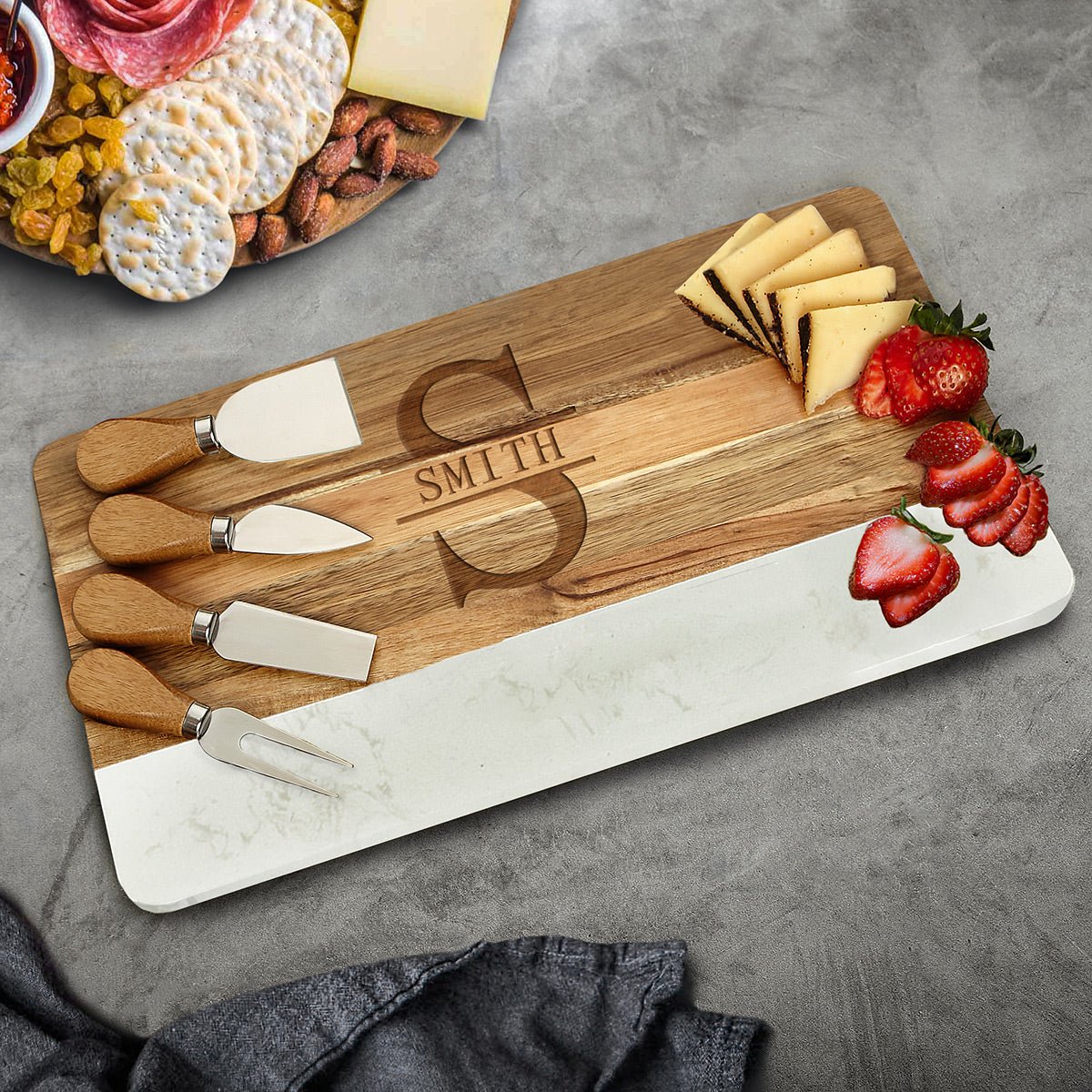 Trieste Personalized Marble Cutting Board - White Marble and Acacia Wood Cheese Board 16 x 9 x 1 inch