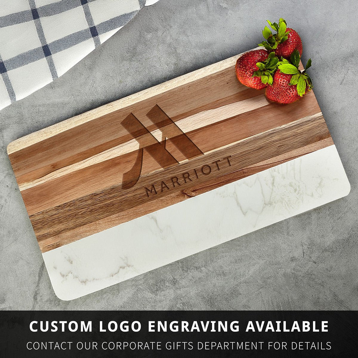 Trieste Personalized Marble Cutting Board - White Marble and Acacia Wood Cheese Board 16 x 9 x 1 inch