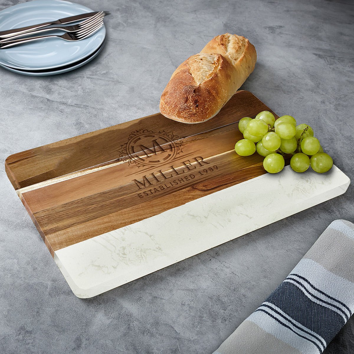 Trieste Personalized Marble Cutting Board - White Marble and Acacia Wood Cheese Board 16 x 9 x 1 inch