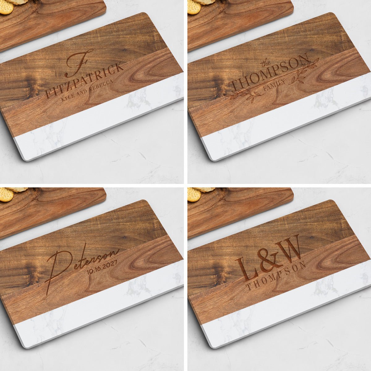 Trieste Personalized Marble Cutting Board - White Marble and Acacia Wood Cheese Board 16 x 9 x 1 inch